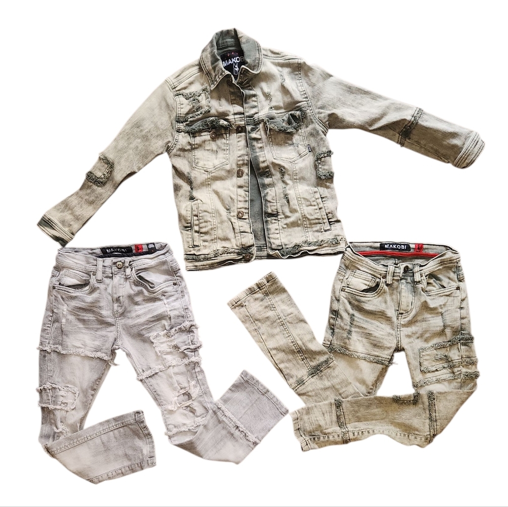 3 PairsTrendy Kids' Light And Dark Gray Denim Jacket And Jeans.